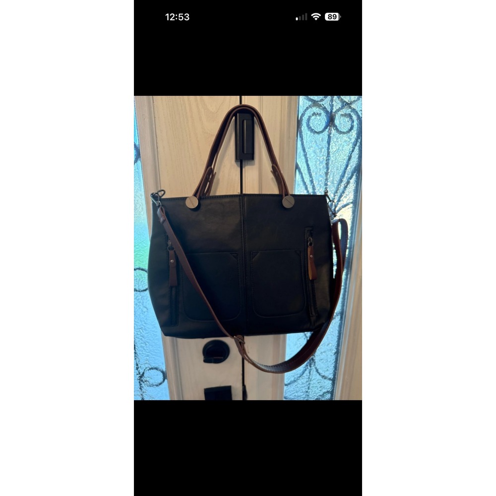 Black Faux Leather Tote Bag Brown Straps Crossbody Shoulder Bag Multi Pocket